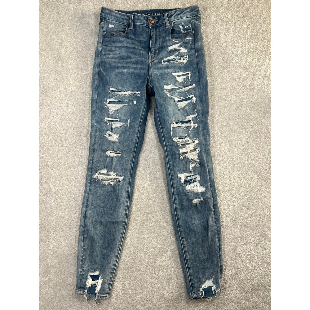 American Eagle Curvy Hi-Rise Jegging 8 Medium Blue Ripped Distressed Jeans